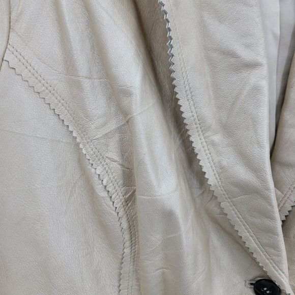 Vintage 90s Anne Klein Retro 70s Leather Jacket 1X Champaign Frayed Edges Button - Picture 10 of 14
